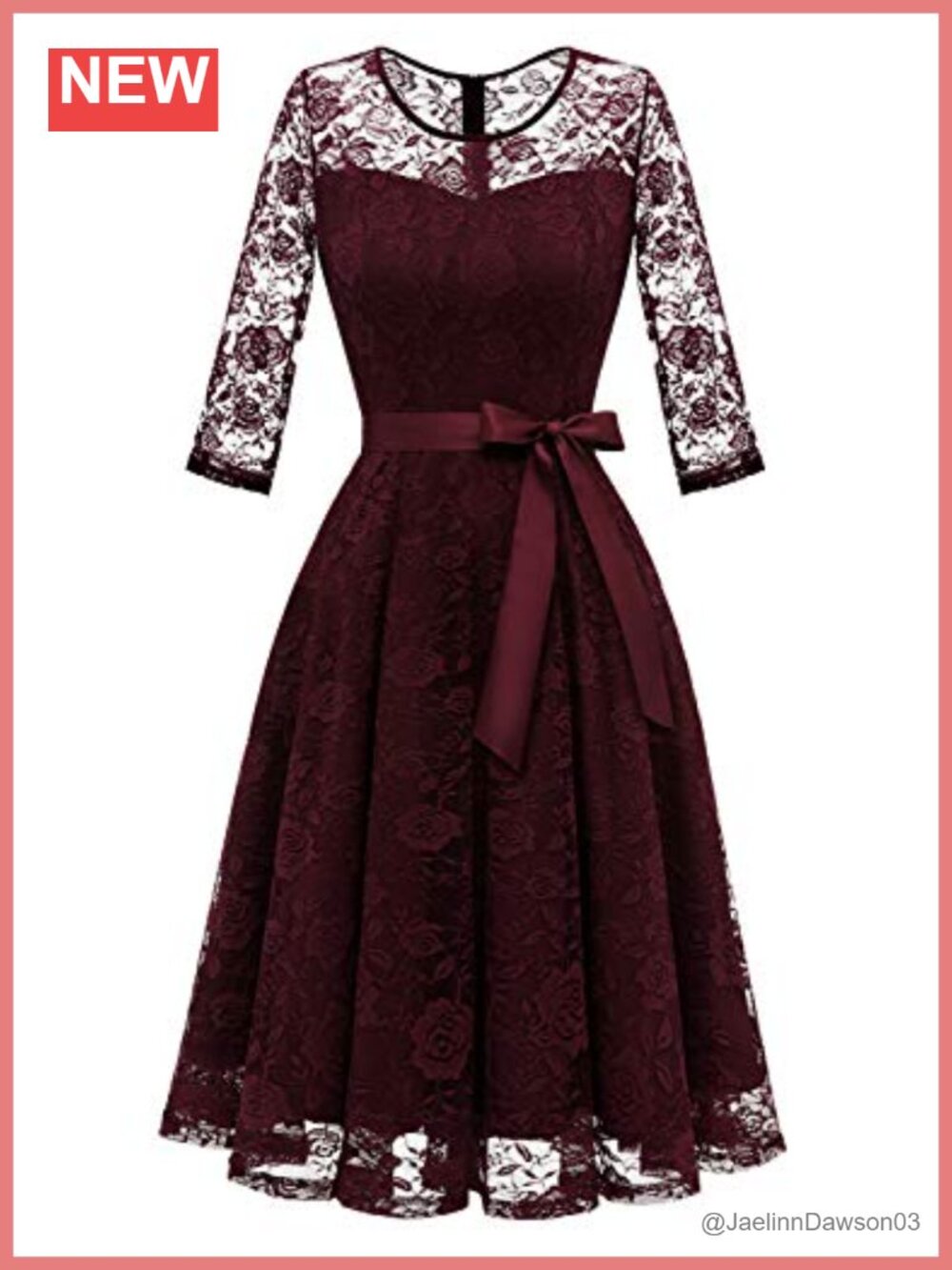 Floral Lace Midi Wedding Guest Dress A-Line 3/4 Sleeve